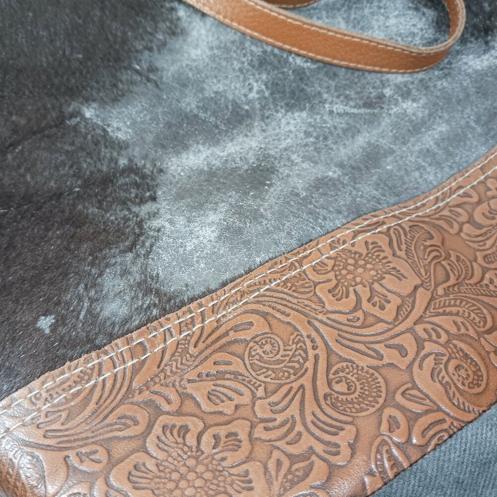Myra Bag Dk Brown White Cowhide Gray Canvas Tooled Leather Shoulder Bag Zip 16" - Picture 11 of 13